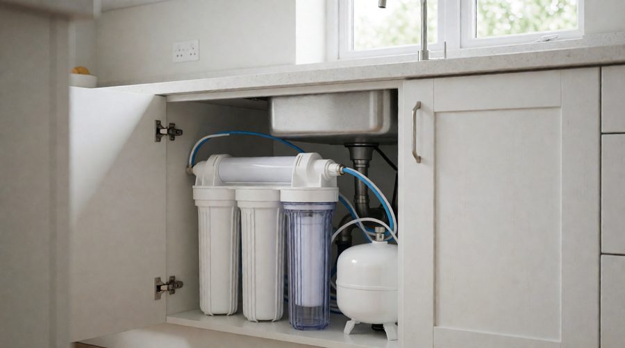 5 stage reverse osmosis system with filter housings and storage tank under a kitchen sink