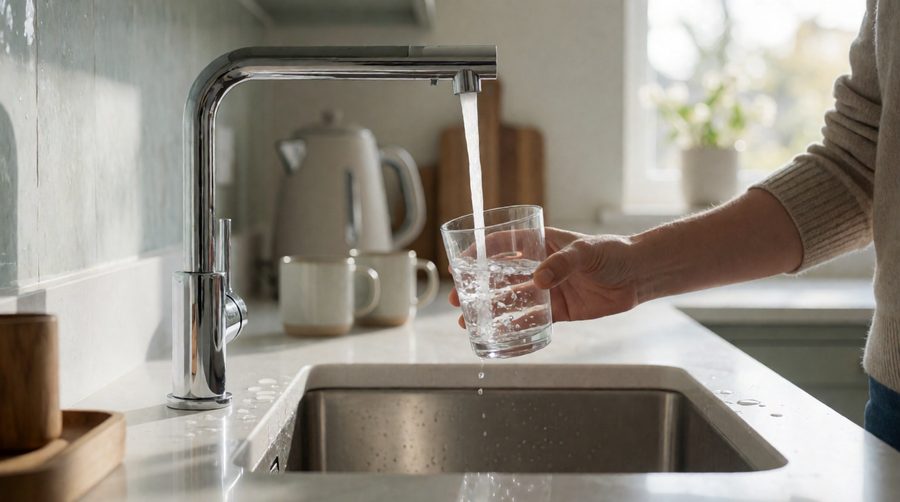Filtered drinking water poured from a dedicated RO tap in a UK kitchen