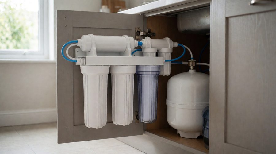 6 stage reverse osmosis system with filter housings and storage tank in a kitchen cupboard