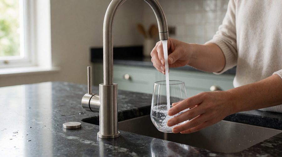 Glass filled from the drinking water faucet of a 6 stage RO system at a kitchen sink