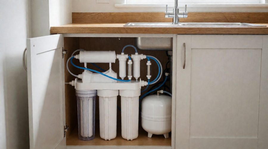 7 stage reverse osmosis system fitted under a kitchen sink with filter housings and storage tank