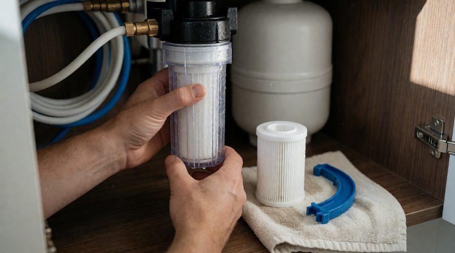 Changing the sediment filter on a 7 stage RO water filter system under the sink