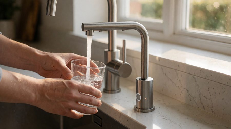 Filling a glass from the smart drinking water faucet of a tankless RO system
