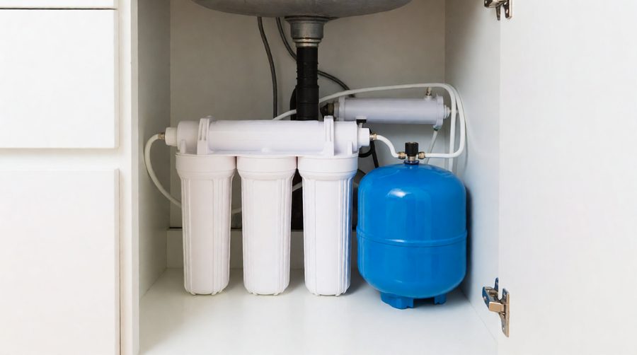 APEC Water Systems style under sink RO system with three filter housings and a storage tank