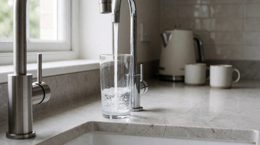 Glass filled with purified water from an APEC reverse osmosis drinking water tap