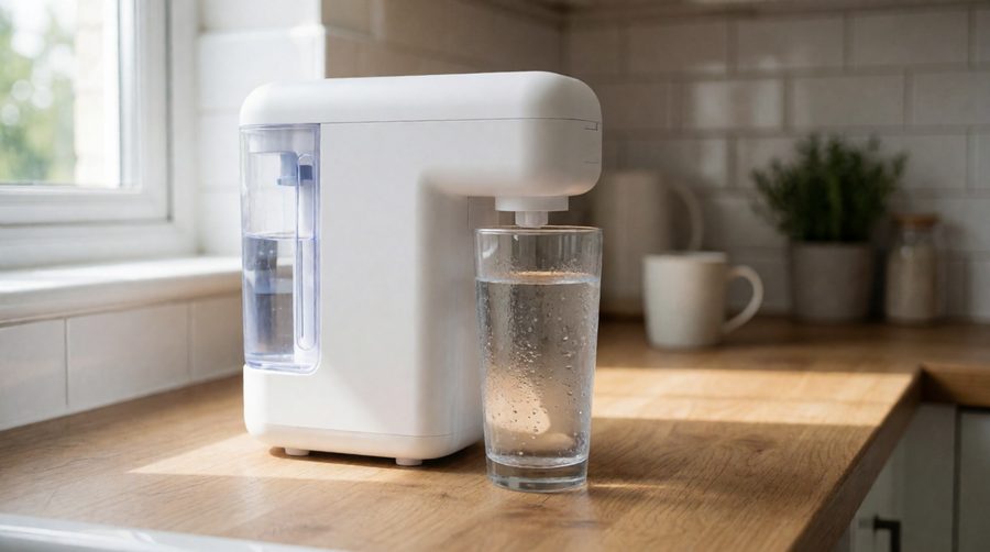 AquaTru water filter style countertop reverse osmosis unit on a UK kitchen worktop