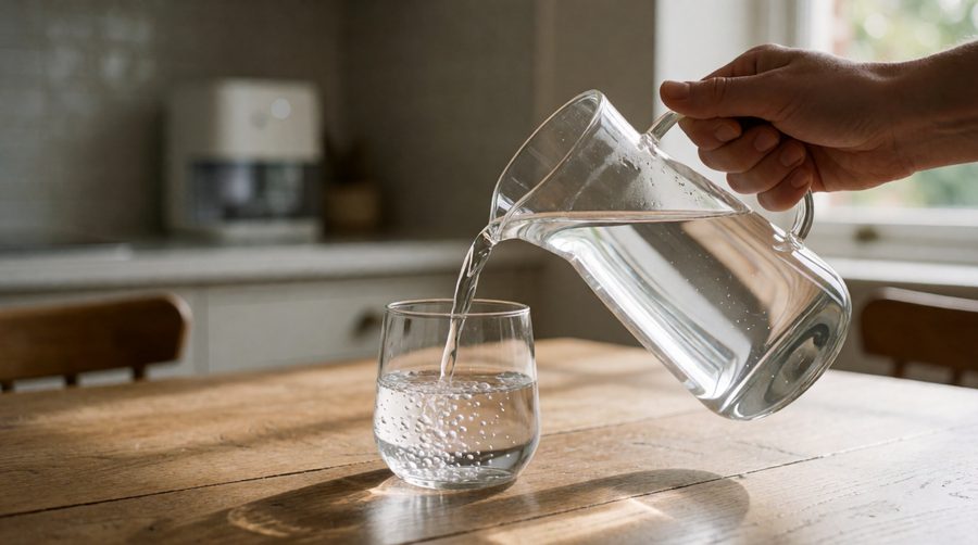 Pouring filtered water from an AquaTru style glass jug