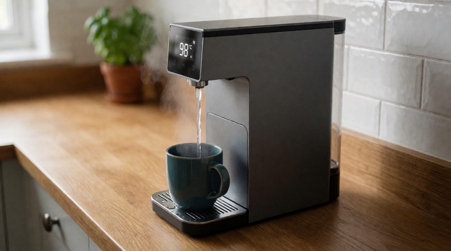 Instant hot water countertop RO dispenser filling a mug