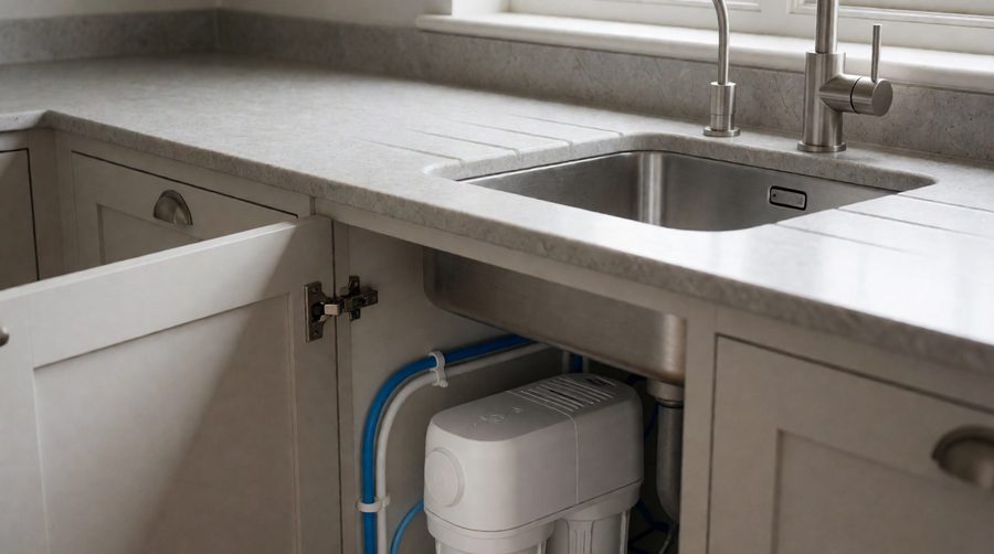 Frizzlife reverse osmosis tankless unit installed under a kitchen sink