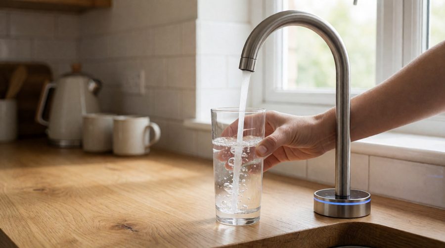 Filling a glass from a reverse osmosis drinking water faucet with a TDS display