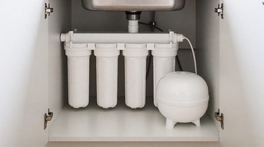 iSpring reverse osmosis system with filter housings and storage tank under a kitchen sink