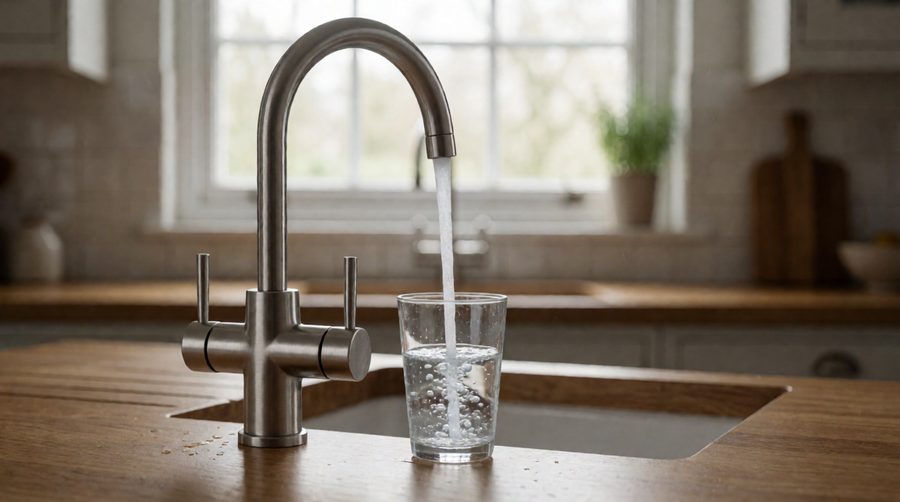 Dedicated RO drinking water faucet filling a glass on a UK kitchen worktop