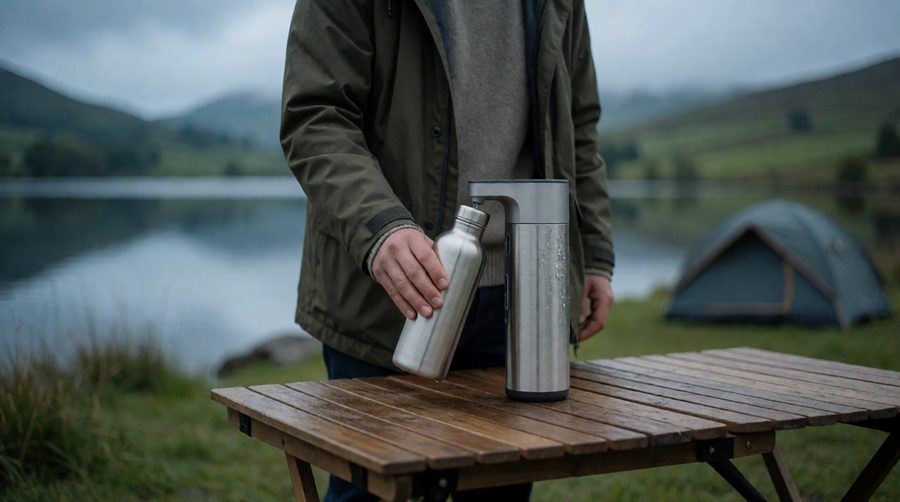 Filling a water bottle from a battery water purifier at a lakeside campsite