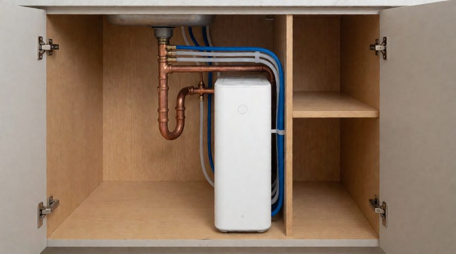 Tankless reverse osmosis system fitted under a kitchen sink