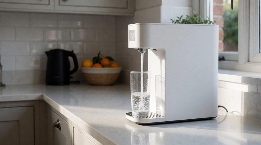 Waterdrop reverse osmosis countertop dispenser filling a glass in a UK kitchen