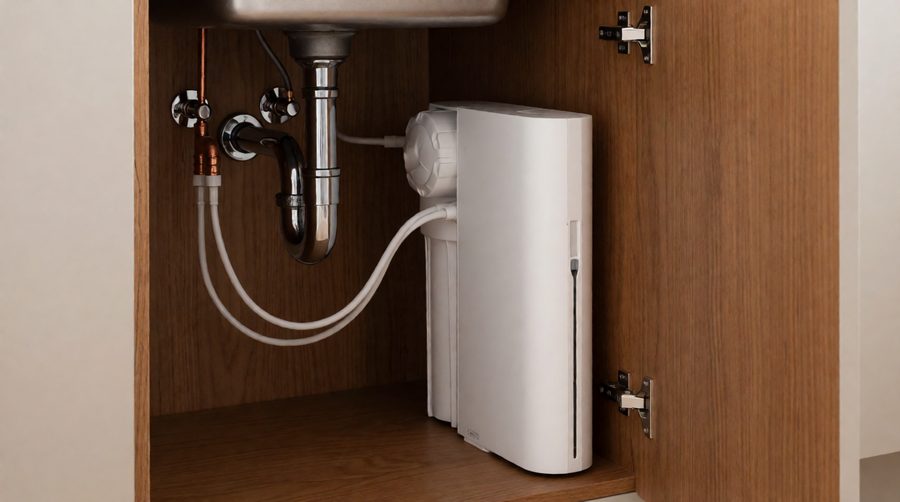 Waterdrop RO system fitted in the cupboard under a kitchen sink